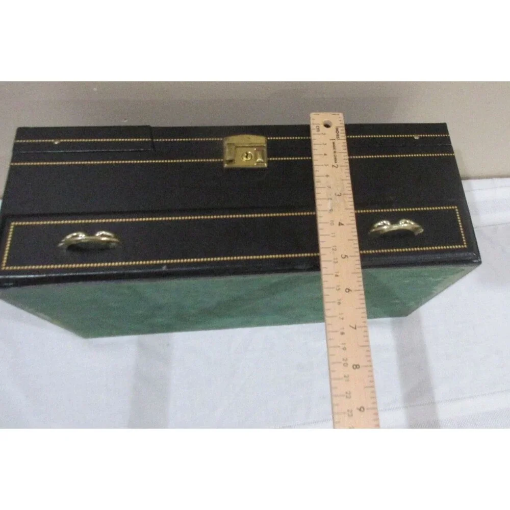 Vtg, Black Faux Leather Mell MCM Jewelry Box Red Velvet 25+Piece Tiered with KEY